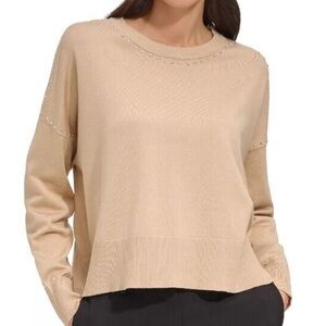 DKNY Beige Studded Drop Shoulder Crew Neck Pullover Sweater | L
